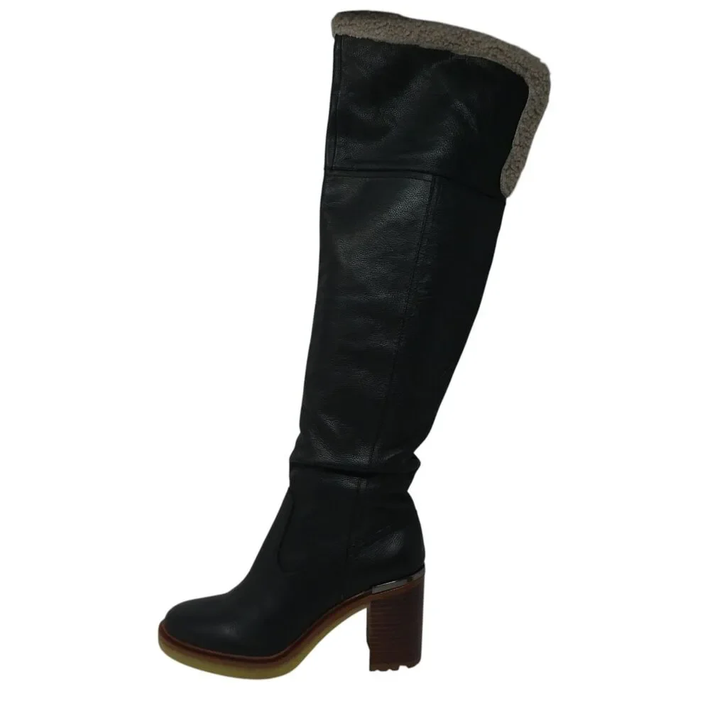 Vince Camuto Gambrel Black Leather Over The Knee Stacked Heel Boots Womens 8